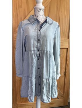 Serra light blue Jean flowy dress long sleeve button down 100% lyocell size med